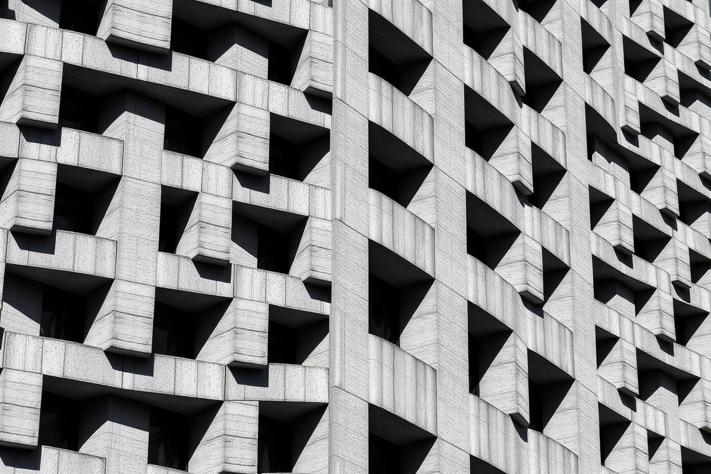 Concrete modular building facade photographed as a repeating geometric grid